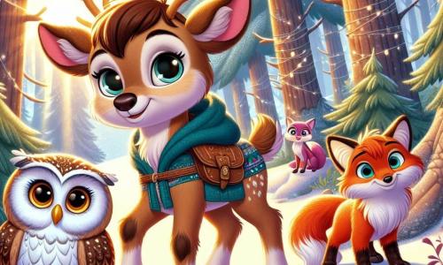 A young reindeer named Rowan, with soft brown fur and sparkling curious eyes, stands at the center of the scene, his expression full of determination and hope. Beside him, Bella, an owl with bright white feathers and wise large eyes, is perched on a branch, watching intently. Finn, a fox with fiery fur, stands slightly back, his ears perked up, ready to leap with enthusiasm. The setting is an enchanted forest, where majestic trees are covered in sparkling frost, and snowflakes gently fall, creating a magical atmosphere. In the distance, rays of sunlight break through the branches, illuminating the path to a mysterious clearing. The main situation shows Rowan and his friends preparing to embark on an adventure, determined to find the heart of the forest's magic, with expressions of camaraderie and excitement on their faces.