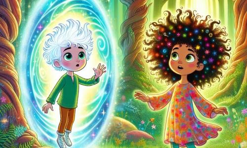 In the center of the image, Oliver, a young Wisp with a translucent, shimmering complexion, stands before a magical portal. His face expresses wonder, and his cloud-like hair changes color to a bright blue. He reaches out towards the portal, fascinated by the swirling colors emanating from it. Next to him, Mia, a lively girl with wild, curly hair, gazes at the portal with sparkling eyes of excitement. She wears a colorful dress, arms raised, ready to leap into adventure. In the background, the Whispering Forest stretches majestically, with gnarled trees and vibrant green leaves. Sun rays pierce through the foliage, illuminating the ground scattered with wildflowers and ferns. The scene captures the pivotal moment as Oliver and Mia prepare to enter the portal, symbolizing the start of their time-traveling journey, surrounded by a magical atmosphere and a palette of bright colors.