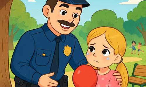 Un polițist zâmbitor, un bărbat de aproximativ treizeci de ani cu părul scurt și o mustață bine întreținută, poartă un uniformă bleu marin cu o centură de echipament. Se află lângă un copac într-un parc, cu fața plină de bunătate și determinare, în timp ce o ajută pe o fetiță. Fetița, Ana, are aproximativ 7 ani, cu părul lung blond în două codițe, poartă o rochie roz cu buline și plânge ușor ținând un balon roșu. Ea se află chiar lângă polițist, cu ochii plini de speranță. Parcul este verde, cu copaci măreți, flori colorate și un drum de pietriș care se împletește printre bănci. Copiii se joacă în depărtare, iar soarele strălucește, creând o atmosferă veselă și primitoare. Situația principală îl arată pe polițist confortând-o pe Ana, explicându-i cum să își recupereze balonul pierdut, oferindu-i în același timp un zâmbet liniștitor.
