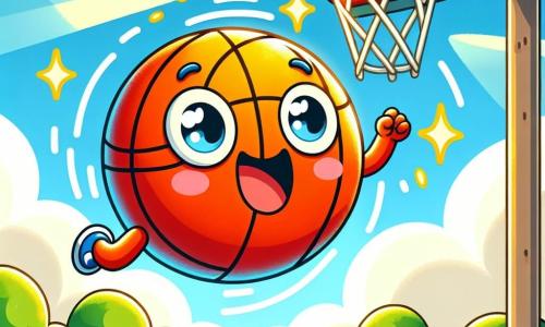 Bouncy Ball, a cheerful and colorful basketball, is bouncing enthusiastically on a sunny basketball court, sporting a big smile and sparkling eyes of determination. Next to him, a small red hoop, friendly and encouraging, is hanging from a post, expressing support and excitement while cheering for Bouncy Ball. The basketball court is surrounded by green trees and a clear blue sky, with sunlight illuminating the scene, creating a joyful and dynamic atmosphere. The main scene shows Bouncy Ball jumping high in the air to score a basket, while a group of children around him applauds and smiles, celebrating his success and team spirit.