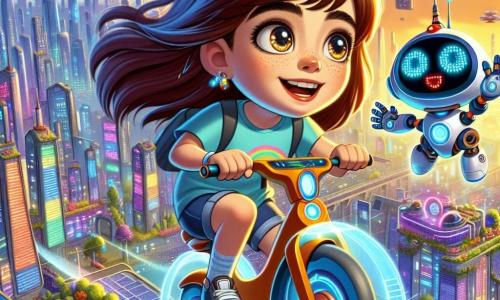 Una niña de 11 años, Clara, con cabello castaño y ojos llenos de curiosidad, está pilotando una hermosa bicicleta flotante. Lleva una camiseta colorida y un short, y su rostro expresa una intensa alegría y un sentido de aventura. A su lado, un pequeño robot llamado Kiro, con una carcasa metálica brillante y ojos luminosos, proyecta un holograma de un plano de la ciudad. Kiro parece entusiasta, moviendo sus brazos articulados para mostrar el camino a seguir. La escena transcurre en la ciudad futurista de Lumina, donde rascacielos brillantes se elevan bajo un cielo azul radiante, y vehículos voladores surcan el aire. Las calles están animadas, con luces de colores que bailan sobre las fachadas de los edificios. Clara y Kiro navegan por un camino aéreo, rodeados de paneles solares y jardines colgantes, explorando su ciudad futurista.