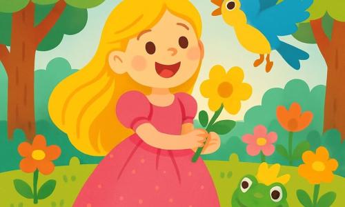Eine fröhliche Prinzessin mit langen goldenen Haaren und einem glitzernden rosa Kleid steht lächelnd und voller Energie im Mittelpunkt der Szene. Sie hält eine wunderschöne goldene Blume in ihren Händen, ihre Augen strahlen vor Aufregung. Neben ihr fliegt ein kleiner bunter Vogel mit leuchtend blauen und gelben Federn fröhlich um sie herum und singt. Ein kleiner grüner Frosch mit großen runden Augen und einer Blätterkrone steht zu ihren Füßen und schaut die Prinzessin bewundernd an. Die Kulisse ist ein zauberhafter Garten, gefüllt mit bunten Blumen, die im Wind tanzen. Große Bäume mit kräftigen Stämmen und üppigem Laub umgeben den Garten, während ein sanfter Sonnenstrahl durch die Äste bricht und die Szene in goldenes Licht taucht. Die Prinzessin, der Vogel und der Frosch feiern das Ende eines Zaubers mit Lachen und fröhlichen Gesängen, während die Magie des Gartens um sie herum wiedererwacht und die Luft mit Farben und Glück erfüllt.