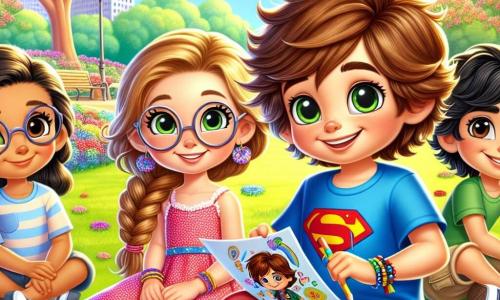 Há quatro personagens principais: 1. **Lucas** (menino, 8 anos): Lucas tem cabelo castanho bagunçado e olhos brilhantes. Ele usa uma camiseta azul com um desenho de super-herói e um short vermelho. Ele está sentado na grama, com um grande sorriso no rosto, segurando um desenho colorido nas mãos. 2. **Sofia** (menina, 8 anos): Sofia tem longos cabelos loiros trançados e óculos redondos. Ela veste um vestido rosa com bolinhas e sandálias. Ela está ao lado de Lucas, admirando seu desenho, com as mãos na cintura. 3. **Miguel** (menino, 8 anos): Miguel tem cabelo preto e olhos castanhos. Ele usa uma camiseta verde e um short bege. Ele está em pé atrás de Lucas, fazendo uma careta engraçada, o que faz todos rirem. 4. **Ana** (menina, 8 anos): Ana tem cabelo castanho cacheado e usa uma blusa amarela com jeans. Ela está sentada em frente a Lucas, desenhando um coração em uma folha, com um olhar concentrado e alegre. O local é um parque ensolarado, cheio de flores coloridas e árvores verdes. Um grande céu azul se estende acima, salpicado de algumas nuvens brancas. Pode-se ver uma área de recreação próxima, com crianças rindo e brincando. A situação principal mostra Lucas e seus amigos criando cartões coloridos para seus pais. Eles riem juntos, compartilhando lápis de cor e canetinhas, enquanto desenhos de corações e sorrisos ganham vida no papel. A atmosfera é alegre e cheia de amizade, ilustrando o apoio que eles se dão.