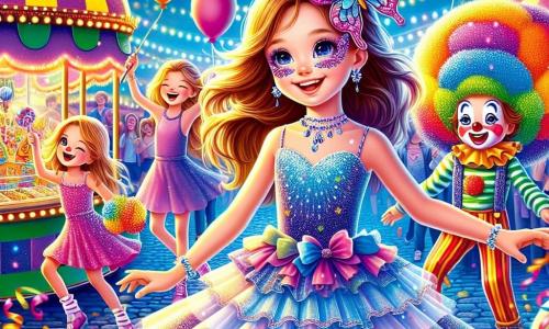 Una niña de 12 años, Mara, con largos cabellos castaños y ojos llenos de curiosidad, lleva una hermosa falda de tul azul brillante y una delicada máscara de mariposa. Está en el centro de la escena, sonriendo con los brazos abiertos, lista para explorar el carnaval. A su derecha, Leo, un niño de 11 años disfrazado de payaso con una nariz roja y una gran peluca colorida, hace malabares con pelotas multicolores, riendo alegremente. A su izquierda, Sofía, una niña de 12 años, lleva un enorme sombrero de flores que desborda colores vivos. Ella baila girando, con sus cabellos rubios flotando a su alrededor. La escena tiene lugar en una plaza animada, adornada con guirnaldas de luces brillantes y puestos de dulces coloridos. Globos flotan en el aire y grupos de personas ríen y bailan alrededor, creando una atmósfera festiva y alegre. Mara, atraída por una melodía misteriosa que proviene de un callejón oscuro, observa con asombro, su corazón latiendo de emoción por descubrir lo que le espera.