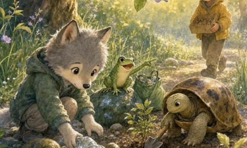 El personaje principal es un pequeño lobo infantil (pelaje gris perla, ojos redondos y suaves), expresión tierna y decidida, agachado junto al arroyo recogiendo una botella de plástico con manos delicadas; Rita la rana, verde esmeralda y sonriente, desde una piedra anima y señala una bolsa de residuos; Tuga la tortuga, medio fuera de su caparazón pardo moteado, calmada y concentrada, sostiene una pequeña pala para ayudar a plantar un arbusto en la orilla; Mira la mariposa, de alas multicolores, vuela ligera sobre el grupo sosteniendo una hoja para indicar dónde plantar; Nico, un niño tímido pero sonriente con chaqueta amarilla, se acerca con una caja abierta de semillas; escena en la orilla de un arroyo en un claro boscoso (agua clara, cantos pulidos, juncos, flores silvestres, un gran árbol que filtra luz dorada) donde los amigos limpian la ribera y plantan arbustos con bolsas reutilizables, palas pequeñas y semillas; ambiente colaborativo, optimista y sereno.