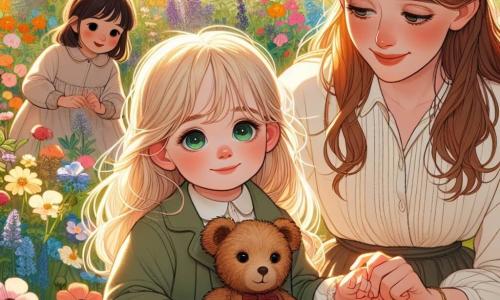 Een klein meisje van 3 jaar, Emma, met lang blond haar en sprankelende nieuwsgierige ogen, zit in een zonnige tuin omringd door kleurrijke bloemen. Ze heeft een zachte glimlach, maar er is een lichte vermoeidheid op haar gezicht te zien. In haar armen knuffelt ze haar trouwe vriend, een knuffelbeer genaamd Beertje, met een bruine vacht en een klein rood strikje om zijn nek. Naast haar hurkt haar moeder, een vrouw van ongeveer dertig met kastanjebruin haar en een warme glimlach, om zachtjes met haar te praten. Ze draagt een lichte jurk en lijkt geruststellend terwijl ze Emma teder bij de hand houdt. Iets verderop zijn Emma's vrienden, Sam en Lotte, respectievelijk een 4-jarige jongen met rommelig bruin haar en een 4-jarig meisje met blonde vlechten, takken en bladeren aan het verzamelen om een kasteel te bouwen. Ze zijn vrolijk en lachen samen, wat een sfeer van kameraadschap met zich meebrengt. De plek is een weelderige tuin, vol met stralende bloemen en majestueuze bomen, onder een heldere blauwe lucht met enkele drijvende witte wolken. Op de achtergrond staat een houten bank met een kopje limonade erop. De hoofdscène toont Emma, omringd door haar familie en vrienden, die speelt en een houten kasteel bouwt, terwijl ze af en toe pauzeert om te rusten en van blije momenten te genieten, ondanks haar vermoeidheid. De illustratie straalt een sfeer van steun, vriendschap en gedeeld geluk uit.