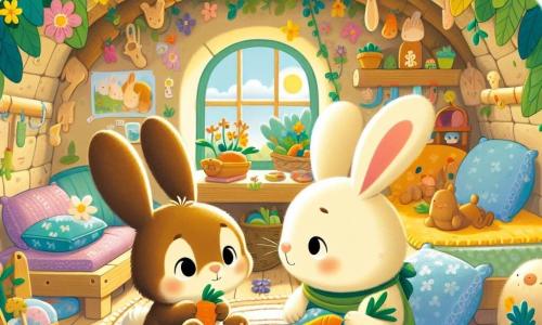 Hopsi, ein kleiner Hase mit großen Ohren und weichem, braunem Fell, sitzt in seinem gemütlichen Bett mit einem melancholischen Ausdruck im Gesicht und hält ein kleines Spielzeug in Form einer Karotte. Neben ihm schaut seine Mama, eine sanfte Häsin mit liebevollen Augen und cremefarbenem Fell, ihn mit einem tröstlichen Lächeln an und legt eine Hand auf seine Schulter, um ihm Unterstützung zu zeigen. Die Szene spielt in einem charmanten Bau mit Wänden, die mit grünen Blättern tapeziert sind, und bunten Blumen, die am Eingang blühen und das Sonnenlicht hineinlassen. Holzspielzeug und weiche Kissen sind im Raum verstreut und schaffen eine warme, einladende Atmosphäre. In dieser Hauptsituation fühlt sich Hopsi ein wenig krank und träumt davon, ein mutiger Ritter zu werden, während seine Mama ihn ermutigt, sich auszuruhen und wieder gesund zu werden, und ihm verspricht, dass morgen ein besserer Tag sein wird.