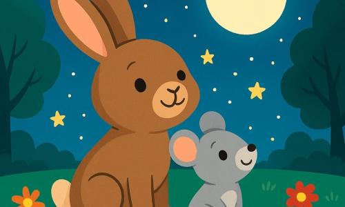 Ein kleiner Hase mit großen Ohren, namens Hopsi, mit weichem braunem Fell und neugierigen Augen, sitzt auf grünem Gras und zeigt einen ruhigen und fröhlichen Ausdruck. Er schaut zum Sternenhimmel, begeistert von der Schönheit der Nacht. Neben ihm sitzt eine kleine Maus namens Mimmi, mit grauem Fell und funkelnden Augen, die lächelt und die Sterne bewundert, sich an Hopsi kuschelnd. Der Ort ist eine weite Wiese, beleuchtet vom silbernen Licht des Mondes, umgeben von großen Bäumen mit schimmernden Blättern, während bunte Blumen sanft im nächtlichen Wind tanzen. Hopsi und Mimmi genießen die Ruhe der Nacht, umhüllt von einer friedlichen und magischen Atmosphäre, bereit, unter dem Sternenhimmel einzuschlafen.