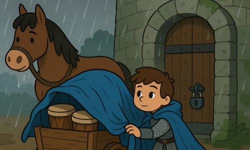 Il giovane cavaliere Sir Lino, ragazzo dal viso rotondo e capelli castani, spinge delicatamente un piccolo carro di legno pieno di tamburi coprendoli col suo grande mantello azzurro fradicio; un cavallo bruno robusto, con i fianchi bagnati, tira il carro e sta davanti a lui col muso basso, mentre un corvo nero è posato sull'alto della porta della torre di Pietracalma, una massiccia costruzione rotonda di pietra grigia con una pesante porta di quercia chiusa da un piccolo lucchetto, le pietre ricoperte di muschio e gocce d'acqua che scorrono: Sir Lino arriva sotto una pioggerellina al varco della torre, il terreno fangoso schizzato, luce grigia di tempesta e atmosfera umida ma rassicurante.