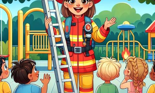 Una pompiera sorridente, Laura, è al centro dell'immagine. Indossa un casco rosso brillante e una giacca gialla, con gli occhi scintillanti di gioia. Sta mostrando una scala alta ai bambini, gesticolando con entusiasmo. Alla sua destra, un ragazzo di nome Tommaso, di circa 8 anni, la guarda con occhi spalancati, i capelli castani in disordine e una maglietta blu. È affascinato dalla scala e sembra pronto a fare domande. A sinistra, Sara, una bambina di 7 anni con due trecce e un vestito rosa, salta di gioia con le braccia alzate, esprimendo il desiderio di diventare pompiera. Lo sfondo è un cortile scolastico soleggiato, circondato da alberi verdi e giochi colorati. I bambini sono seduti su panchine di legno, ascoltando attentamente Laura, che sorride. La situazione principale mostra Laura che spiega ai bambini l'importanza del lavoro di squadra e come i pompieri aiutano le persone, ispirandoli ad essere coraggiosi e solidali.