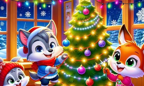 Leo, un piccolo lupo dagli occhi scintillanti e dal pelo grigio, è in piedi davanti a un grande albero di Natale decorato, con il viso radioso di gioia ed eccitazione. Indossa una sciarpa rossa e un piccolo berretto blu, e tiene una ghirlanda luminosa tra le zampe. Accanto a lui, Mia, una deliziosa volpe dal pelo rosso e dagli occhi maliziosi, sorride mentre tiene una pallina di Natale scintillante, mentre Nino, un gioioso coniglietto bianco con orecchie lunghe e flosce, salta di gioia, le guance rosa illuminate dall'entusiasmo. La scena si svolge in una calda aula, piena di decorazioni natalizie colorate, con fiocchi di neve attaccati alle finestre e luci scintillanti che creano un'atmosfera festiva. Leo e i suoi amici stanno decorando insieme l'albero di Natale, ridendo e cantando canzoni natalizie, mentre l'albero brilla di mille luci, simboleggiando la magia dell'amicizia e della festa.