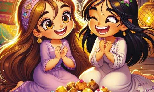Una ragazza di 8 anni, Sofia, con lunghi capelli castani e occhi pieni di curiosità, sorride meravigliata mentre tiene un piatto di deliziosi dolci dorati. Indossa un vestito colorato di lavanda decorato con piccoli fiori, e il suo viso irradia gioia ed eccitazione. Accanto a lei, Layla, una ragazza di 8 anni con capelli neri e occhi brillanti, ride felicemente mostrando un grande piatto di cibo tradizionale. Si trovano in una casa accogliente, decorata con luci scintillanti e tappeti colorati, dove l'aria è pervasa dall'odore delle spezie e delle dolcezze. La scena principale mostra le due amiche che condividono un momento di felicità, circondate dalla loro famiglia, pronte a rompere il digiuno del Ramadan insieme, con sorrisi luminosi e un'atmosfera festosa.