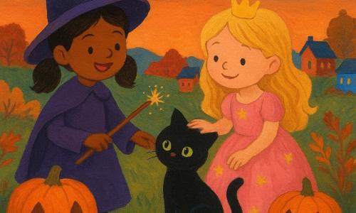 Ci sono 3 personaggi: Nina, bambina di 7 anni, capelli castani in due codini, costume da strega viola con grande cappello a punta, tiene una bacchetta scintillante e sta a sinistra del gruppo, sguardo gioioso verso il gatto; Chiara, bambina di 7 anni, capelli biondi sciolti, vestito da principessa rosa con stelle dorate, al centro, sorride e accarezza dolcemente il gatto nero; un gatto nero piccolo con occhi verdi luminosi, pelo lucido e coda alta, seduto a destra tra le due bambine che si strofinano alle loro gambe. Luogo: una piccola collina erbosa al crepuscolo, cielo sfumato arancio-blu, alcune zucche intagliate intorno, case colorate in lontananza, rovi e foglie autunnali in primo piano. Situazione: due amiche in costume incontrano un gatto magico su una collina di Halloween al crepuscolo; atmosfera dolce e calda, colori caldi, forme semplici e rotonde, texture a gouache visibili, illuminazione soffusa da lanterne e luna nascente.