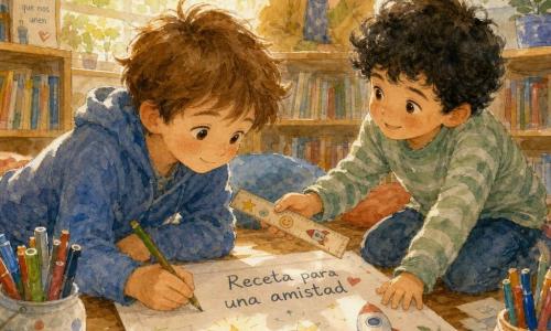 Un niño de 8 años de cabello castaño despeinado, ojos grandes y dulces, rostro redondo y expresión concentrada, sostiene un lápiz verde y dibuja sobre una cartulina grande en el suelo; otro niño de la misma edad, cabello negro rizado y sonrisa tímida, le entrega con cuidado una regla decorada con pegatinas estando sentado a su lado; una bibliotecaria de unos 40 años, con gafas redondas y el pelo recogido en un moño, sonríe desde una estantería baja; la escena transcurre en una mediateca luminosa con grandes ventanas, estanterías bajas de madera clara, cojines coloridos y una mesa baja con papeles, tijeras de punta redondeada y un bote de rotuladores; los niños colaboran en un póster titulado “Receta para una amistad” con dibujos de una velita, una estrella y un cohete y la nota manuscrita “Respirar juntos”; paleta en tonos acuarela suaves (amarillos cálidos para la luz, azules pálidos para las sombras, toques de verde y rojo) y ambiente cálido, sereno e íntimo, con gestos delicados y manos que se rozan al pasar un lápiz.