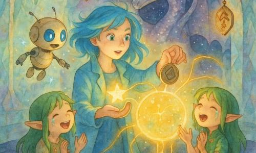 Lira, donna dallo sguardo meravigliato e determinato col viso illuminato da un bagliore dorato e capelli azzurri, veste un leggero mantello blu e tiene tra le mani una piccola stella mentre posa un talismano di metallo lucido su una grande sfera d'energia flottante che pulsa; Piko, un robot aiutante piccolo e rotondo color crema con occhi LED blu, ronza gioiosamente alla sua spalla sinistra sprigionando scintille magnetiche; un'elfa giovane dall'aspetto adolescente umano con capelli verdi e tenue veste a motivi floreali è inginocchiata a destra in lacrime di gioia con le mani alzate verso la sfera; un grande drago cosmico dalle scaglie argentate con riflessi violacei osserva dolcemente sullo sfondo a mezzaluna, cielo stellato visibile tra le ali; la scena si svolge in un santuario circolare di cristallo con radici di cristallo pendenti dal soffitto, talismani antichi sospesi come lanterne e pavimento a lastre scure cosparso di polvere di stelle, mentre fili d'energia dorata si estendono dalla sfera verso i talismani creando schizzi luminosi e un'atmosfera che mescola magia e tecnologia.