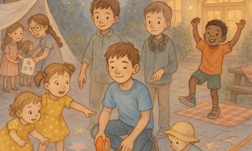 A 12-year-old boy, Leo, round-faced with freckles and messy brown hair, calm proud smile, wearing a sky-blue T‑shirt and worn jeans, kneels to lay a bright orange tape on the paved courtyard holding a shiny roll; a 7-year-old girl, Nina, light brown hair in pigtails and a yellow polka-dot dress, exuberant, points at a chalk star beside the tape; an 11-year-old reserved boy, Eli, short hair and headphones around his neck, stands behind Leo pointing at a chalk arrow; a 9-year-old boy, Jamal, grinning in colorful sneakers, does a small victory dance beside a picnic cloth on a bench; an 8-year-old girl, Zoé, round glasses and a braid, holds stencils and shows where to place a star to twin 7-year-olds Mia (curious) and Maya (cautious) who hold hands entering a sheet fort under a tree; a 2-year-old in a sun hat follows the tape cautiously near Nina. The setting is a small paved courtyard outside a community hall at dusk with paper lanterns, string lights, wooden benches, a makeshift sheet fort, chalk arrows and stars, and a wide orange tape; the scene shows children finishing a birthday party as they set up and test a warm, inclusive illuminated 