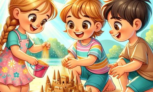 A 3-year-old boy named Leo, with brown hair and sparkling eyes, joyfully smiles while playing in the sand. He wears a colorful t-shirt and blue shorts, building a sandcastle with his hands covered in golden grains. Next to him, a 3-year-old girl named Mia, with blonde hair in braids, laughs as she adds seashells to the construction. She wears a pink floral dress and sits cross-legged on the sand. Another 3-year-old boy, Sam, with black hair and slightly tanned skin, timidly joins them. He wears a worn t-shirt and beige shorts, smiling shyly while holding a bucket of sand, ready to join the fun. The scene takes place in a sunny park with lush green trees and a clear blue sky. The golden sand shines under the sun, and colorful toys are scattered around them. The main situation shows Leo, Mia, and Sam united in their play, building a beautiful sandcastle together, illustrating friendship and tolerance among children, regardless of their differences.