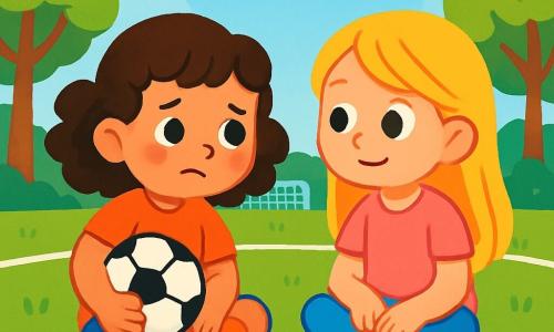 A young girl, Lila, is sitting on the green grass of a football field. She has curly brown hair, a smiling yet slightly sad face, and is wearing shiny, colorful football shoes. She holds a football under her arm, looking down with sparkling eyes of determination. Next to her, a little girl, Mia, aged 6, has long blonde hair and is wearing a pink t-shirt. She sits cross-legged on the grass, looking at Lila with curiosity and compassion, ready to talk to her. The football field is surrounded by tall trees with green leaves and a light blue sky dotted with a few white clouds. White lines mark the field, and goals can be seen at both ends. The main situation shows Lila, a bit sad after a defeat, but surrounded by Mia's friendship as she comes to talk to her and lift her spirits, illustrating the importance of friendship in sports.