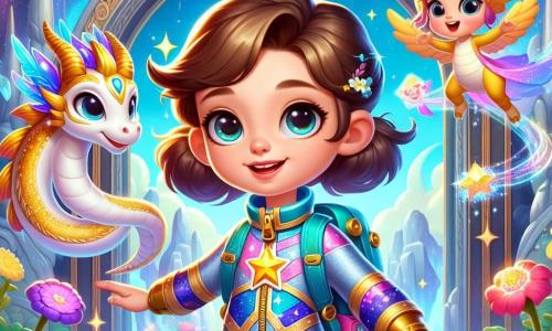 No centro da imagem, Lila, uma jovem com cabelos brilhantes como a lua e olhos cheios de curiosidade, está diante de um grande portal mágico. Ela usa um traje espacial colorido, decorado com estrelas cintilantes, e seu rosto expressa uma determinação alegre. Ela estende a mão em direção ao portal, pronta para explorá-lo. À sua direita, Flori, uma pequena criatura alada de cerca de 10 anos, com asas brilhantes e um sorriso caloroso, voa alegremente ao redor de Lila, cercada por flores luminosas que dançam ao vento. À esquerda, Lumi, um dragão gentil com escamas douradas, está sentado em uma pedra brilhante, olhando para Lila com encorajamento, pronto para ajudá-la em sua aventura. O cenário é uma floresta encantada, com árvores de troncos prateados e folhas que brilham como estrelas. O portal, no centro, gira com cores vivas, criando uma atmosfera mágica e misteriosa. A cena principal mostra Lila, Flori e Lumi se preparando para atravessar o portal, simbolizando o início de sua grande aventura no mundo dos sonhos.