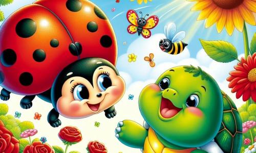An illustration depicts a small ladybug with bright red wings dotted with black spots, joyfully flying above a field of colorful flowers, smiling. Next to her, a green and brown turtle with round, curious eyes admires the ladybug, feeling grateful and happy to be free after being stuck. A friendly buzzing is heard as a yellow and black striped bee enthusiastically flies around them, encouraging their adventure. The main setting is a sunny garden filled with vibrant flowers: red roses, golden sunflowers, and white daisies, all bathed in soft, warm light. The scene shows the ladybug and her friends celebrating their friendship and courage after overcoming an obstacle, surrounded by the beauty of their garden. Additional elements include colorful butterflies fluttering around, sunlight filtering through tree leaves, and a gentle breeze making flower petals dance, creating a joyful and magical atmosphere.