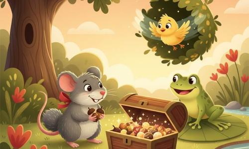 Mabel, a small gray mouse with fluffy fur and bright eyes, smiles holding a handful of shiny acorns, her bushy tail tied with a red ribbon; Freddie, a green frog with a lemon belly, grins mischievously on a lily pad beside her; a yellow fluffy-winged chick flies above a parted bush looking grateful; a slightly open varnished wooden chest on the ground contains shiny nuts, seeds and sparkling candies; the magical garden setting beneath a large oak with soft grass, red-orange flowers and a glittering stream at sunset — the little adventurers celebrate and share treats in a warm, soft-colored scene with rounded shapes.