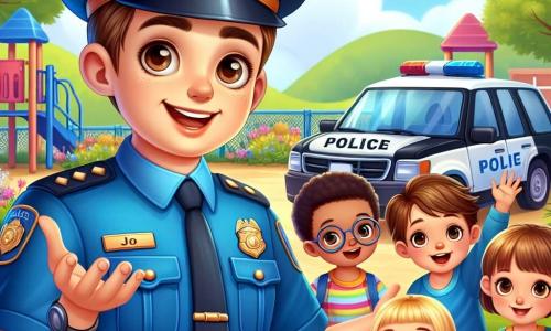 Um jovem policial chamado João, sorridente e cheio de energia, veste um uniforme azul vibrante com um boné. Ele tem cabelos castanhos e olhos brilhantes de alegria. João está de pé, com os braços abertos, cercado por crianças, demonstrando seu entusiasmo pelas regras de segurança. Entre as crianças, há uma menina de 8 anos, com cabelos loiros e óculos, que o ouve atentamente, com os olhos arregalados. Ao lado dela, um menino de 7 anos, com cabelos castanhos e roupas coloridas, levanta a mão para fazer uma pergunta, exibindo um grande sorriso. A cena acontece em um parque ensolarado, com árvores verdes e flores coloridas ao redor. Brinquedos como um balanço e um escorregador são visíveis ao fundo, adicionando uma atmosfera alegre e lúdica. A situação principal mostra João explicando às crianças a importância das regras de segurança enquanto lhes mostra seu veículo policial, que brilha sob o sol. As crianças estão cativadas e engajadas, criando uma atmosfera de aprendizado e camaradagem.