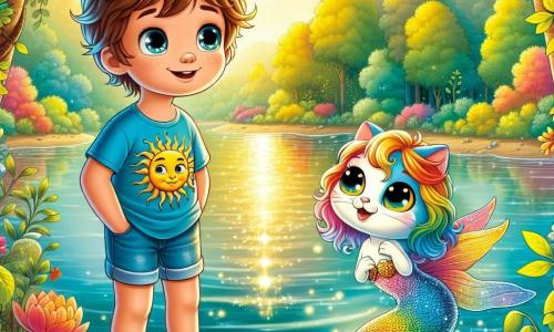 Un niño de 7 años, llamado Pablo, con cabello castaño desordenado y ojos llenos de curiosidad, está al borde de un lago brillante. Lleva una camiseta azul con un dibujo de sol y un short de mezclilla, y su rostro expresa asombro mientras observa su reflejo en el agua. A su lado, un gato multicolor, llamado Gato Sabio, con grandes ojos amarillos y pelaje cambiante, flota graciosamente, sonriendo con sabiduría. En el fondo, una sirena de cabello ondulado y brillante, vestida con un vestido de escamas relucientes, nada en el lago, mirando a Pablo con benevolencia. El lugar es un hermoso lago rodeado de grandes árboles con hojas vibrantes, donde la luz del sol filtra a través de las ramas, creando reflejos dorados en el agua. Flores coloridas bordean la orilla, añadiendo un toque de magia al entorno. La situación principal muestra a Pablo, asombrado, haciendo una pregunta a la sirena, mientras Gato Sabio lo anima a explorar sus sueños y a comprender la realidad que lo rodea.