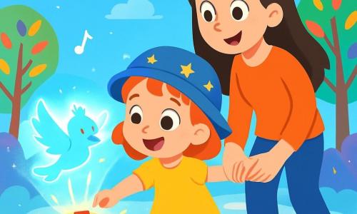 Una bambina di 4 anni, di nome Stella, con grandi occhi curiosi e un sorriso splendente, indossa un bel cappello blu decorato con piccole stelle. È meravigliata, con le braccia aperte, davanti a una piccola scatola luminosa che emette dolce musica. Accanto a lei, sua madre, una donna sorridente di circa 30 anni con lunghi capelli castani, osserva con tenerezza, tenendo la mano di Stella in un gesto protettivo. Il contesto è un viale di nuvole, dove i ciottoli brillano come zucchero filato sotto un cielo blu intenso. Alberi cantanti con foglie multicolori danzano dolcemente al ritmo della musica ambientale, e lanterne fluttuanti illuminano l'atmosfera con colori vivaci. La scena principale mostra Stella che preme il pulsante rosso della scatola, mentre un uccello olografico azzurro, Lumo, appare in un lampo di luce, pronto a portarli in un'avventura magica.