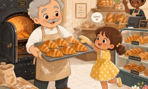 A warm, smiling baker with a round face and light gray hair holds a large tray of golden croissants just from the oven while seven-year-old Lily, hair in pigtails and wearing a yellow polka-dot dress, stands on tiptoe to reach one; the open cast-iron oven glows orange with flour dust and crumbs in the air, in a cozy bakery with light wooden walls, shelves of bread, a glass display, tiled floor and a wooden table.