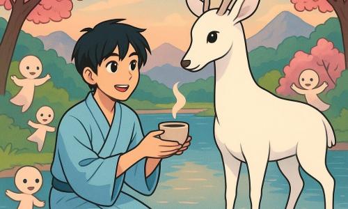 Haru, a young man with black hair and bright eyes, kneels by a mirror-like lake, his face illuminated by the soft light of dawn. He wears a simple light blue cotton kimono, and his expression is both amazed and serene, as if in communion with nature. Beside him stands a majestic white doe, her coat shining like the moon, with deep eyes reflecting ancient wisdom. Behind them, a group of small forest spirits resembling children watches curiously, their round smiling faces lit by the magic of the moment. The scene is set in an enchanting valley surrounded by tall flowering trees with pink petals, and distant mountains silhouetted against a pastel sky. The main focus shows Haru offering a cup of tea to the doe, a gesture of gratitude and connection, while the spirits dance around them, creating an atmosphere of joy and serenity.