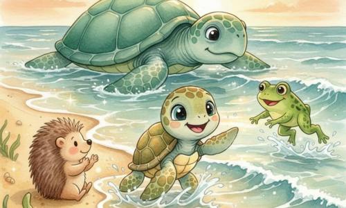 A small joyful turtle with a bright smile and shiny round eyes, a slightly bumpy green-and-ochre shell, paddling at the water’s edge and “dancing” with gentle fin beats; the Great Sea Turtle appears in the background, very large with a smooth emerald-sheen shell and kind gaze, floating peacefully near shore; Hazel the hedgehog sits on the sand to the left, small with soft brown quills, clapping; Freddy the frog is in a shallow wave to the right, bright green with bulging smiling eyes, happily leaping toward the turtle; sunset ocean scene on wet golden sand with translucent sparkling waves, orange-pink sky, scattered seaweed and shells — the small turtle discovers the sea and dances with the waves, surrounded by encouraging friends in a warm, wonder-filled atmosphere.