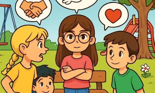 Er zijn 4 kinderen: Emma, een 10-jarig meisje met lange bruine haren en ronde bril, in een roze t-shirt en jeans, staat in het midden met gekruiste armen en een vastberaden blik. Amir, een 10-jarige jongen met zwarte haren en sprankelende ogen, draagt een blauwe sweater en groene korte broek, staat iets naar achteren en kijkt zijn vrienden aan met een bemoedigende glimlach. Lotte, een 10-jarig meisje met gevlochten blonde haren en een geel t-shirt, staat links van Emma met haar handen op haar heupen, klaar om te praten. Samir, een 10-jarige jongen met bruin haar en een verlegen glimlach, staat rechts van Emma met zijn handen in de zakken van zijn broek, een beetje aarzelend. De scène speelt zich af op een groot speelterrein met een grote boom op de achtergrond, kleurrijke schommels en een rode glijbaan. De grond is bedekt met fijn zand en er groeien wilde bloemen omheen, wat kleur toevoegt. De lucht is blauw met enkele pluizige witte wolken. De kinderen zijn serieus in gesprek rond een bank, terwijl ze proberen een conflict op te lossen. Ze lijken aandachtig naar elkaar te luisteren, met denkballonnen die hun gedachten over vrede en vriendschap illustreren.