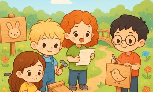There are 4 children: Maya, a 7-year-old girl, is sitting in a wheelchair with colorful wheels. She has long brown hair and a warm smile. She is on the left of the image, near a wooden sign. Theo, a 7-year-old boy, stands next to Maya. He has messy blond hair and wears blue overalls. He holds a small toy hammer. Sam, a 7-year-old boy, is on the right of the image, holding a sketchbook. He has round glasses and short black hair. Lina, a 7-year-old girl, is in the center with curly red hair and a green t-shirt. She holds a poem written on a sheet. The setting is a sunny school garden with colorful flowers, a small wooden bridge, and signs with animal drawings. There is a soft dirt path and wooden benches. The main scene shows the children working together on their nature trail project. Maya tests the slope of a wooden ramp with her wheelchair, while Theo adjusts a board. Sam draws a bird on a sign, and Lina recites a poem with a smile. The atmosphere is joyful and collaborative, with bright colors and cute details.