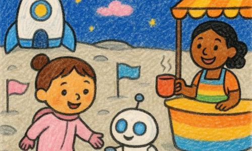 A smiling young girl with brown hair in a small bun wears a soft pale-pink spacesuit and reaches toward a small warm silvery pool on a lunar base; a small round white companion robot with blue glowing eyes beeps cheerfully beside her, tapping the water; a woman vendor in her 30s behind a small round stall serves a hot cup, wearing a colorful apron and a warm smile; the ground is smooth light-gray rocks and pearly powdery dunes with pastel fabric flags; in the background a rounded white-and-blue ship rests with an open door and small yellow lights; a deep blue sky dotted with bright yellow star points and pink fluffy clouds; soft, safe, joyful mood, thick crayon lines, saturated colors, visible textures, simple childlike style.