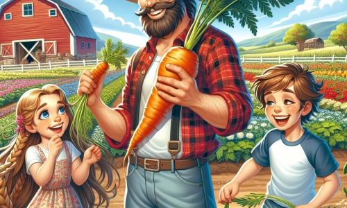 No centro da imagem, um homem chamado Tiago, um agricultor sorridente de cerca de 40 anos, com cabelos castanhos e uma barba bem cuidada, veste uma camisa xadrez vermelha e uma calça de lona. Ele está mostrando orgulhosamente uma grande cenoura laranja que acabou de colher, seus olhos brilhando de alegria e entusiasmo. Ao seu lado, uma menina chamada Sofia, de 8 anos, com longos cabelos loiros trançados e um vestido florido, observa a cenoura com admiração, suas bochechas rosadas de excitação. Um menino chamado Lucas, de 9 anos, com cabelos castanhos bagunçados e uma camiseta azul, está puxando outra cenoura do solo, rindo de felicidade. O cenário é uma fazenda em plena floração, com fileiras de vegetais coloridos, árvores frutíferas carregadas de maçãs e um céu azul claro salpicado de nuvens brancas e fofas. Ao longe, vê-se um celeiro vermelho tradicional e flores silvestres dançando ao vento. A situação principal mostra Tiago e as crianças colhendo legumes, compartilhando risadas e sorrisos, ilustrando a alegria de trabalhar juntos na fazenda e aprender sobre a natureza.
