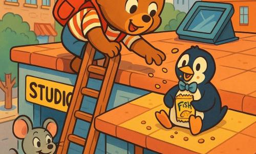 A small brown bear, the main character, with round eyes and ears, wearing a red backpack and striped shirt, looks curious and joyful as he perches on an old wooden ladder leaning toward the roof and reaches for crumbs; a small gray mouse with big ears and a yellow camera stands at the studio door, excitedly smiling and looking up, while a black-and-white penguin with a blue bow tie and crumbs around its beak sits on a sunny patch of the roof, surprised but happy and holding a fish-shaped cracker packet. The colorful flat-roofed studio scene — soft tiles, an open skylight, a visible yellow sign, and a distant city backdrop with a bakery and library under a soft blue late-afternoon sky — shows the playful discovery: the bear climbs to find a crunchy sound, the penguin is caught snacking, and the mouse encourages from below, with a warm atmosphere, bright colors, clean lines, and readable expressions.