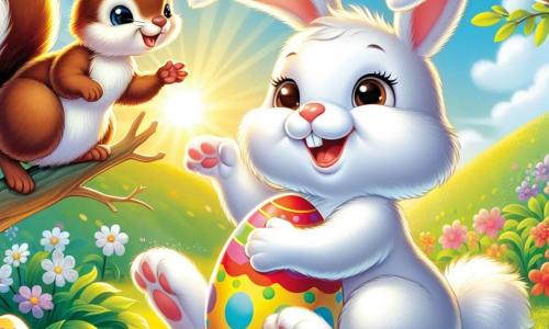 A small rabbit with big ears and soft white fur is sitting in a sunny meadow, displaying a joyful expression while holding a colorful Easter egg in its paws. Next to it, a brown squirrel with sparkling eyes climbs a branch, smiling and looking at the rabbit with enthusiasm. A brightly feathered bird perched on another branch chirps happily, adding to the festive atmosphere. The scene takes place in a green meadow dotted with colorful flowers, bathed in the golden sunlight, creating a warm and cheerful ambiance. The rabbit and its friends are celebrating the discovery of a hidden Easter egg behind a flower, surrounded by laughter and happiness.
