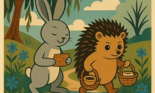 Clover, a rabbit with soft tilted grey ears, displays a serene smile and holds a small bark card in its paws. Poppy, a round hedgehog with bright eyes and slightly tousled spines, stands next to Clover, looking determined while holding a tea basket. They are on a dirt path lined with blue wildflowers, with a large weeping willow in the background whose branches sway gently. The sky is clear with fluffy white clouds. The main scene shows Clover and Poppy crossing a small stream on smooth stones, with Clover guiding Poppy by gently tapping each stone.