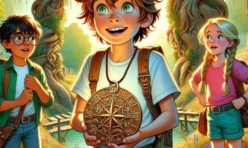 Un băiat de 12 ani, Alex, cu părul castaniu și ochi strălucitori de curiozitate, stă în centrul imaginii, ținând un pandantiv misterios în formă de hartă. Fața lui exprimă o excitație palpabilă, în timp ce se uită la prietenii săi cu un zâmbet larg. În dreapta lui, Andreea, o fată de 11 ani cu părul lung și blond împletit, poartă un tricou colorat și o pereche de pantaloni scurți. Este aplecată înainte, cu mâinile pe șolduri, având o expresie hotărâtă, pregătită să exploreze. În stânga, David, un băiat de 12 ani cu părul șaten și ochelari rotunzi, se uită la hartă cu o expresie gânditoare, ținând un rucsac mic pe umăr. Decorul este un parc vechi, cu copaci mari și trunchiuri noduroase, flori sălbatice colorate și un vechi pod din lemn acoperit de iederă. Lumina soarelui filtrează printre frunze, creând un joc de umbre și lumini pe sol. Situația principală îi arată pe Alex, Andreea și David, adunați în jurul unui copac măreț, descoperind o cutie misterioasă îngropată sub rădăcini, simbolizând începutul marii lor aventuri.