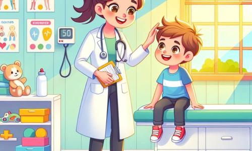 Dr. Ruby, a cheerful and lively woman in her thirties, wears a bright white coat and red sneakers. Her brown hair is tied in a ponytail, and her eyes sparkle with enthusiasm as she examines an 8-year-old boy named Sam, who has messy blond hair and is wearing a blue t-shirt. Sam, sitting on the examination table, looks relieved and curious, holding a water bottle in his hands. The setting is a bright and welcoming examination room with pastel yellow walls, colorful health posters, and wooden toys on a shelf. A stethoscope rests on the table, and sunlight streams in through a window, illuminating the scene. The main situation shows Dr. Ruby explaining to Sam the importance of drinking water to stay healthy, while Sam listens attentively, a smile forming on his face, eager to learn and feel better.