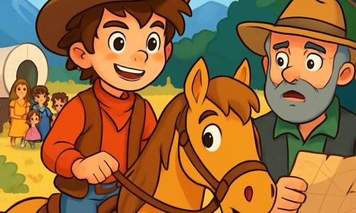Un joven, Tomás, con cabello castaño despeinado y ojos brillantes, lleva un sombrero de vaquero desgastado y un chaleco de cuero. Su rostro expresa determinación y aventura mientras monta su caballo, Estrella, una yegua de pelaje dorado y ojos vivos. A su lado, un hombre adulto, el jefe de la caravana, con barba canosa y un sombrero ancho, mira a su alrededor con expresión de preocupación, sosteniendo un mapa en sus manos. Al fondo, un grupo de familias y niños se afanan, algunos mirando con ansiedad hacia el bosque. El lugar es una vasta pradera dorada, salpicada de flores silvestres y arbustos verdes, con majestuosas montañas al horizonte bajo un cielo azul brillante. La situación principal muestra a Tomás, decidido a recuperar el cofre de provisiones robado, preparándose para aventurarse hacia el misterioso bosque, mientras la caravana se reúne, preocupada por la amenaza que se cierne sobre ellos.