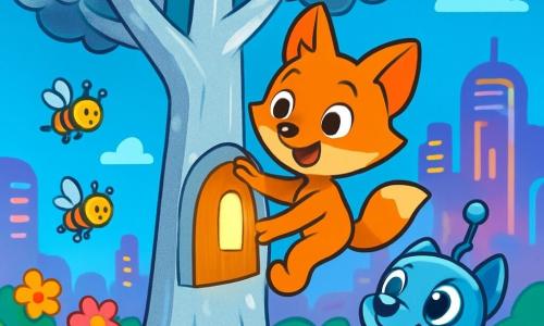 Fina, ein kleiner Fuchs mit leuchtend orangefarbenem Fell und neugierigen Augen, klettert begeistert auf die Äste eines großen silbernen Baumes, dem Glitzerbaum, der unter einem strahlend blauen Himmel funkelt. Sie lächelt breit, voller Staunen, als sie eine kleine leuchtende Tür im Stamm des Baumes entdeckt. Neben ihr steht Lupo, ein süßer Roboterhund in glänzenden Metallicfarben, mit leuchtenden Augen und einem fröhlichen Gesichtsausdruck, der Fina bewundernd ansieht, während sein antennenförmiger Schwanz vor Aufregung wackelt. Er steht direkt unter dem Baum, bereit, sie anzufeuern. Der Ort ist ein hängender Garten, gefüllt mit bunten Blumen und leuchtenden Blütenblättern, umgeben von Drohnen, die eine magische Note in die futuristische Umgebung von Glitzercity bringen. Hohe, runde und leuchtende Gebäude erheben sich im Hintergrund, beleuchtet von bunten Neonlichtern. Die Hauptsituation zeigt Fina, die die kleine Tür des Glitzerbaums öffnet und einen goldenen Lichtschein enthüllt, der ihr erstauntes Gesicht erleuchtet, während Lupo sie ungeduldig beobachtet, beide bereit, das Geheimnis im Inneren zu entdecken.