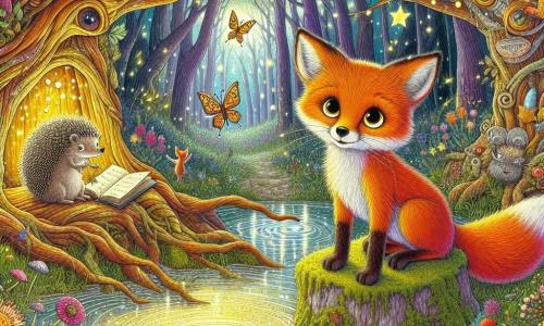 Ein kleiner, leuchtend orangefarbener Fuchs mit großen, neugierigen Augen und spitzen Ohren steht am Rand eines glitzernden Teiches und betrachtet fasziniert sein Spiegelbild im Wasser. Sein Gesichtsausdruck ist voller Staunen und Entschlossenheit, während er eine kleine Karte in seinen Vorderpfoten hält. In der Nähe beobachtet ein weiser, alter Igel mit silbernen Stacheln und funkelnden Augen den Fuchs mit einem wohlwollenden Lächeln. Er sitzt auf einem moosbedeckten Stein und hält ein altes Buch in seinen Pfoten, bereit, seine Geschichten zu teilen. Der Ort ist eine verzauberte Lichtung, umgeben von großen, knorrigen Bäumen und bunten Blumen, die im Wind tanzen. Die Sonne filtert durch die Blätter und erzeugt leuchtende Muster auf dem Boden. Die Hauptsituation zeigt den kleinen Fuchs, der eine geheimnisvolle Karte entdeckt, die verborgene Geschichten enthüllt, während der Igel ihn ermutigt, die Wunder des magischen Gartens zu erkunden.