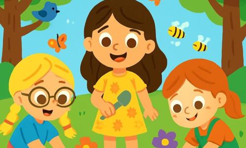 There are 3 characters: - Mia: a 7-year-old girl with long brown hair and sparkling eyes. She wears a yellow flower dress and holds a small shovel. She stands in the center, smiling and full of energy. - Zoe: a 6-year-old girl with braided blonde hair and round glasses. She wears a blue t-shirt and pink shorts. She is to Mia's left, enthusiastically digging in the ground. - Lily: a 7-year-old girl with red hair and freckles. She wears green overalls and rubber boots. She is to Mia's right, carefully planting a small flower. The main setting is a lush park filled with majestic trees, colorful flowers, and a bright blue sky. Butterflies dance around the flowers, and birds sing in the branches. The ground is soft and damp, perfect for planting flowers. The main scene shows the three joyful girls planting flowers together, with radiant smiles on their faces. Bees and butterflies fly around them, attracted by the beautiful flowers they are planting.