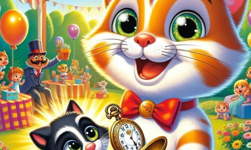 Un piccolo gattino di nome Leo, con un pelo morbido e striato di colori arancione e bianco, è in piedi sulle zampe posteriori, con gli occhi brillanti di eccitazione e un grande sorriso sul viso. Tiene un antico orologio da taschino dorato tra le piccole zampe anteriori, pronto a regalarlo al suo papà. Accanto a lui, il signor Gatto, un gatto adulto con pelo nero e occhi verdi scintillanti, guarda Leo con orgoglio e amore, un sorriso caloroso illumina il suo volto. La scena si svolge in un parco soleggiato, pieno di fiori colorati e palloncini fluttuanti, con famiglie felici che si riuniscono attorno a tavoli decorati. Leo, con il suo orologio da taschino, sta per fare un gesto affettuoso per la festa del papà, creando un momento magico e commovente di condivisione e amore familiare.