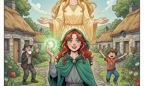 O tânără pe nume Brigid, cu păr roșu în bucle, față determinată și zâmbitoare, purtând un palton verde smarald cu glugă și ținând în mâna dreaptă un inel luminos verde care pulsează, iar o zeiță luminoasă, Aine, plutind ușor în spatele ei, siluetă aurie translucidă cu privire binevoitoare; un bătrân din sat cu barbă albă, pălărie, admirând lângă o căsuță din piatră, și un băiat săltând de bucurie lângă flori care se deschid; decor: un sat rural cu acoperișuri de paie, o uliță pietruită umezită care reflectă lumina verde, coline cu pajiști și flori sălbatice; situația: Brigid se întoarce triumfătoare ținând inelul verde care iradiază lumină, florile înfloresc instant, sătenii aclamează, atmosferă magică, caldă, culori saturate, contrast puternic, stil benzile desenate europene cu linii clare, compoziție centrată pe Brigid și inel, format peisaj.