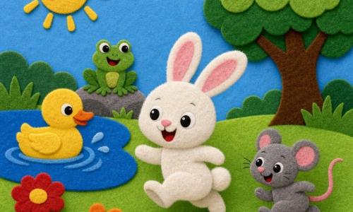 The main character is a small white felt rabbit with fluffy fur, pink ears and big round smiling eyes, joyfully hopping left; a small gray felt mouse with bright eyes and a mischievous smile runs beside it to the right; a yellow felt duck floats calmly in a blue pond at left background; a green felt frog sits on a small gray rock near the pond, legs folded ready to jump with a playful expression; the setting is a summer felt meadow with layered bright green grass, stylized red and orange flowers, a large round‑leaved green tree and a uniform blue sky with a simple smiling yellow sun; the scene shows friends playing on a summer afternoon — simple composition, broad shapes, contrasting colors and visible felt textures.