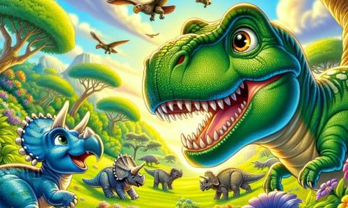 Ein junger Tyrannosaurus Rex mit glänzend grünen Schuppen und neugierigen Augen steht im Mittelpunkt des Bildes, ein breites Lächeln mit spitzen Zähnen erhellt sein Gesicht. Er erkundet einen prächtigen, grünen Hügel, umgeben von bunten Blumen mit leuchtenden Blütenblättern, während er mit Staunen eine Gruppe von Dinosauriern beobachtet. Neben ihm springt ein kleiner Triceratops mit drei Hörnern auf der Stirn und bläulicher Haut fröhlich, und teilt die Aufregung der Entdeckung. Der Ort ist ein üppiger Hügel, durchflutet von goldenem Licht, mit majestätischen Bäumen und blühenden Sträuchern, die der Szene einen Hauch von Magie verleihen. Bunte Vögel fliegen am blauen Himmel und schaffen eine fröhliche Atmosphäre. Rex und Trix entdecken gemeinsam diesen faszinierenden neuen Ort, erfüllt von Staunen und Abenteuer, bereit, die Wunder ihres neuen Zuhauses zu erkunden.