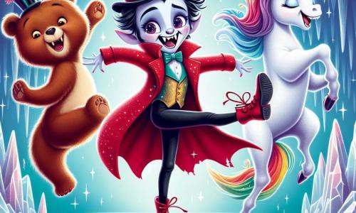 Al centro dell'immagine, Rinaldo, un vampiro dal sorriso malizioso, è in piedi su un ponte sospeso. Ha i capelli neri in disordine, occhi scintillanti e indossa un mantello rosso vivo che fluttua nel vento. La sua espressione è gioiosa e birichina, mentre fa una smorfia divertente, suscitando risate tra i suoi amici. Alla sua destra, Zuccherino, un'unicorno dai crini colorati come caramelle, si tiene con una zampa alzata, ridendo di cuore. Ha un pelo bianco splendente e un corno scintillante che brilla alla luce. A sinistra, Ballerino, un orso danzante, è in piena pirouette, con un cappello a cilindro e una cravatta a pois. Il suo viso è radioso di gioia e sembra pronto a far ridere tutti con i suoi movimenti comici. Sullo sfondo, la Caverna delle Meraviglie si apre maestosa, con stalattiti scintillanti e muri di cristallo che riflettono la luce in modo magico. Colori vivaci e forme strane decorano l'entrata, creando un'atmosfera incantata. La scena cattura il momento in cui Rinaldo e i suoi amici si preparano ad attraversare il ponte, ridendo insieme e pronti ad affrontare le sfide della caverna condividendo la loro gioia contagiosa.