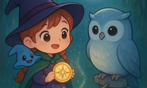 A 10-year-old apprentice witch girl with red hair in two braids, round freckled face, curious joyful expression, wearing a short purple dress with gold stars and a small green cape, holding a glowing compass with a star-tipped needle to her chest; a small animated hat named Pip perches on her shoulder, sky-blue and floppy with embroidered mischievous eyes and a smile, pointing with the brim toward a sparkling trail; a large nocturnal owl with pale blue feathers and silver highlights sits on an old stone sundial, wise kind gaze, lightly holding the compass in its talons as if returning it; setting: a grove of night willows with emerald drooping branches forming a curtain, silver moonlight beams, grass dusted with twinkling stardust and an old stone-paved path; scene: the girl takes the compass back from the owl within a circle of moonlight as a trail of stardust rises, warm magical reassuring mood, soft colors (blues, purples, greens) with small sparkling details.